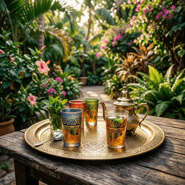 Fresh mint tea on the private terrace at Villa A — boutique hotel in Beni Mellal with Atlas views